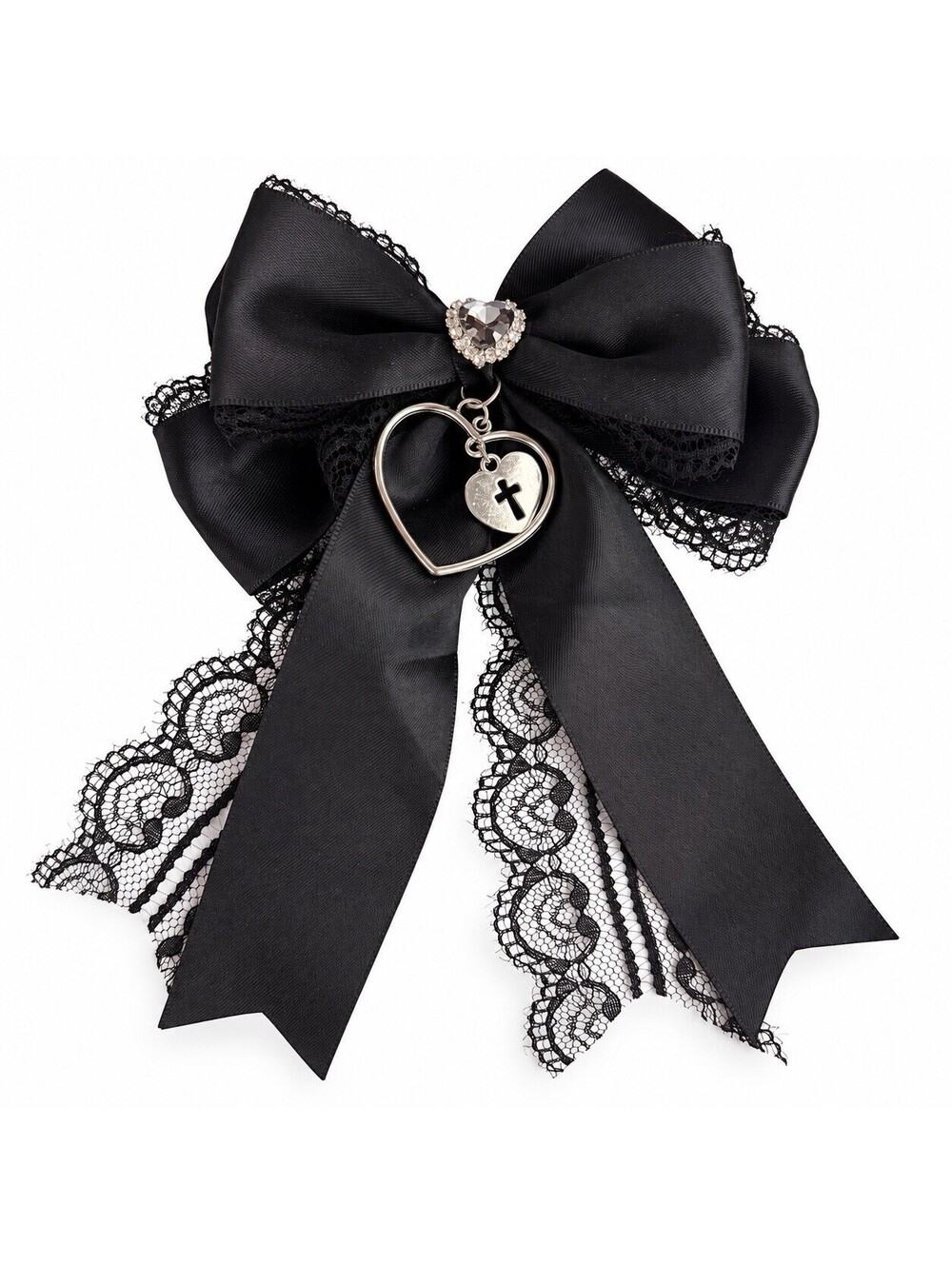 Gothic Lace Bow Hair Clip Cross Chain Pendant Heart Rhinestone Lolita Headwear